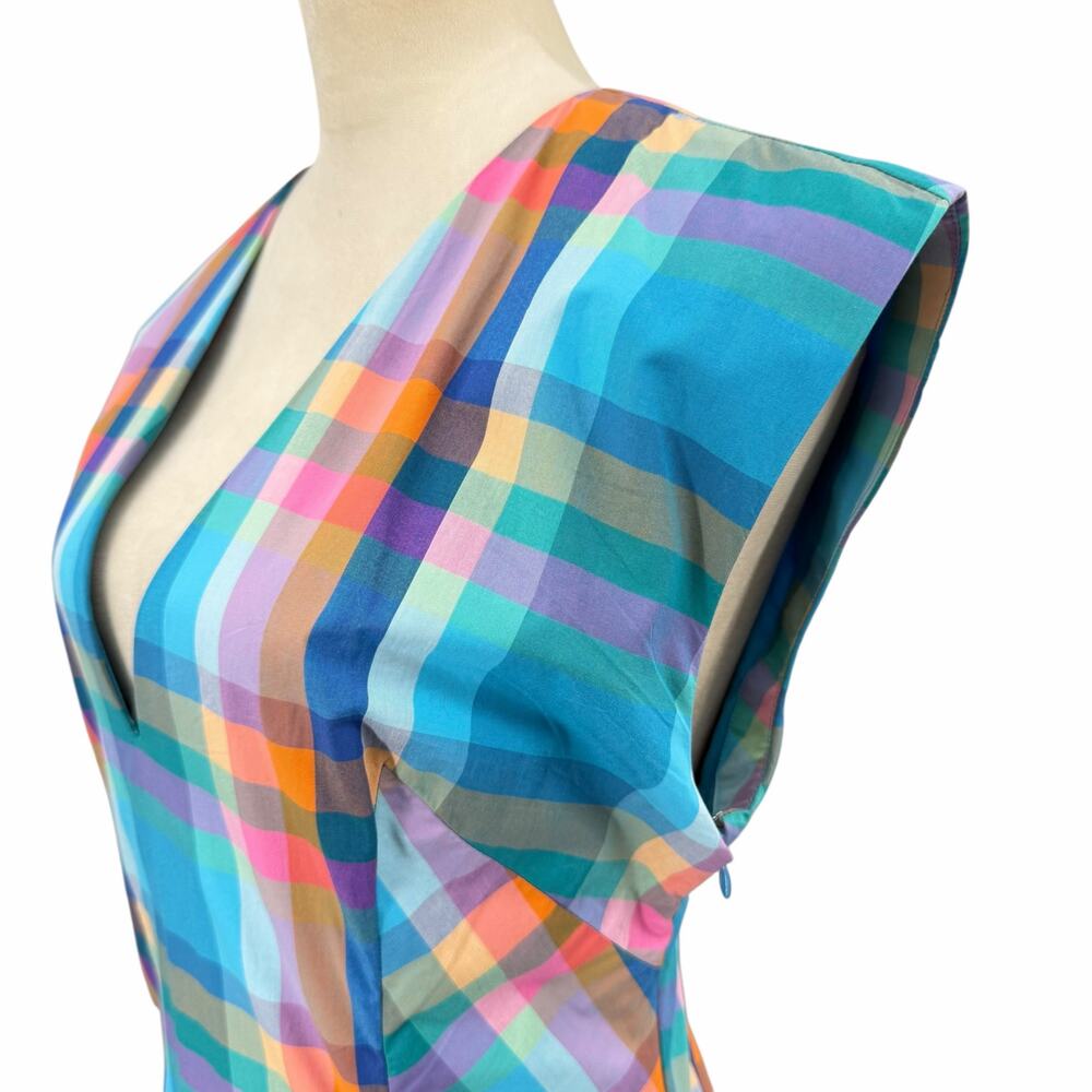 Anthropologie Maeve NEW Sleeveless V-Neck Basque Waist Blue Plaid Midi Dress - Picture 8 of 15